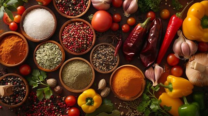 Aufkleber - An assortment of spices, fresh herbs, and vegetables arranged on a wooden table. Generative AI