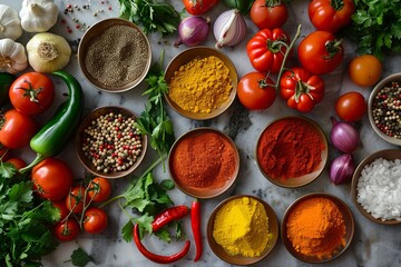 Poster - A close-up shot of a kitchen table with various spices and fresh vegetables arranged in an appealing and colorful display. Generative AI