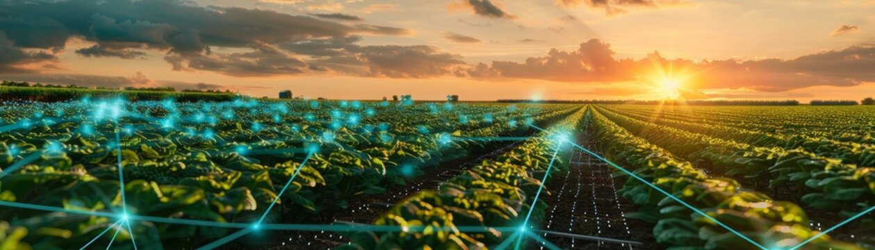 Innovative agricultural field at sunset with digital interfaces for precision farming, demonstrating the blend of technology and nature