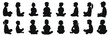 © Pixel Pine - Kids sitting silhouettes vector black and white illustration. Children seated in various poses from side view.