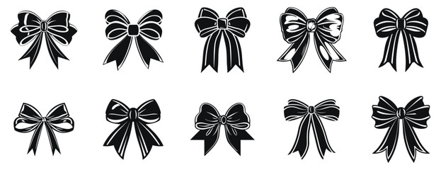 Wall Mural - Stylish Black Ribbon Bows vector illustration. Different present decoration hand drawn black on white background. Satin gift bow silhouette.