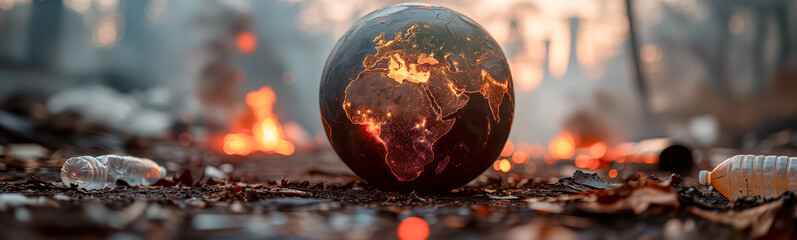 Wall Mural - Abstract background of overheated earth globe on polluted land with plastic bottles and powerplant pipes. Pollution and global warming concept.