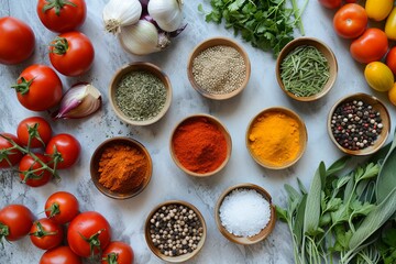 Poster - A close-up view of a kitchen table with various spices in small bowls and fresh vegetables like tomatoes, onions, and bell peppers. Generative AI