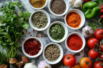 Poster - A variety of spices and fresh vegetables arranged on a kitchen table, including red pepper flakes, peppercorns, and fennel seeds, as well as red and green bell peppers, onions, and tomatoes. 