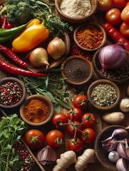 Aufkleber - An assortment of fresh vegetables, herbs, and spices in bowls are arranged on a wooden kitchen table. Generative AI