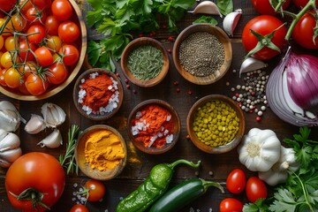 Fototapete - A variety of fresh vegetables and spices are displayed on a rustic kitchen table, showcasing vibrant colors and enticing aromas. Generative AI