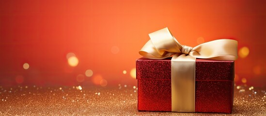 Poster - Copy space image of a shiny gift box adorned with a golden ribbon against a vibrant red backdrop perfect for Valentine s Day Christmas and anniversary festivities