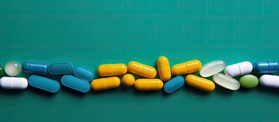 Aufkleber - Colorful medicine pills or capsules in green and yellow hues are placed on a vibrant blue background providing ample copy space These pharmaceuticals are prescribed for treatment purposes and are con