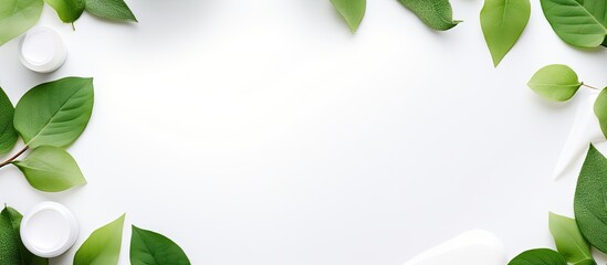 Poster - A top down view of a green leaf cream lotion and essential oil on a panoramic white background This image evokes the concept of natural cosmetics products perfect for spa skin care and body treatment