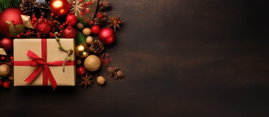 Poster - Top view of a gift box surrounded by festive holiday greetings The concept is inspired by New Year Christmas and birthday celebrations The background features a delightful assortment of food with amp