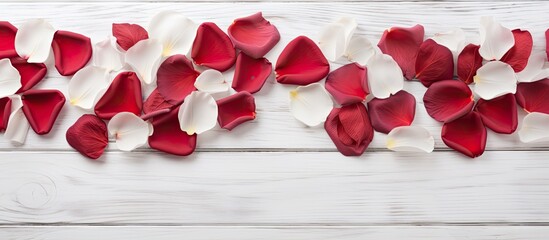 Aufkleber - A romantic heart shaped arrangement of rose petals symbolizing Valentine s Day displayed on a sleek silver white wooden background Copy space image