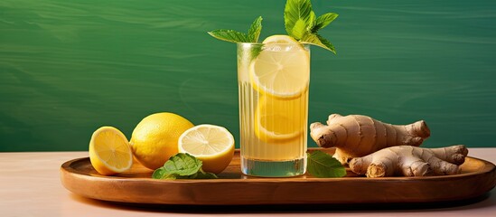 Poster - A copy space image showcases a ginger and galingale lemon soda placed on a wooden tray accompanied by herb pieces and lemon slices The drink represents a healthy eatable and vegetarian recipe set aga