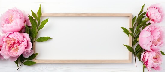 Aufkleber - A white background hosts an empty wooden picture frame accompanied by fresh peonies This flower composition is suitable for various occasions like birthdays weddings and Mother s Day The flat lay pro