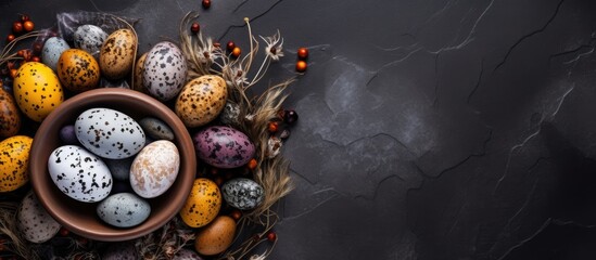 Aufkleber - A flat lay view of Easter eggs chicken and quail eggs arranged in a bowl on a stone table with plenty of copy space for additional elements