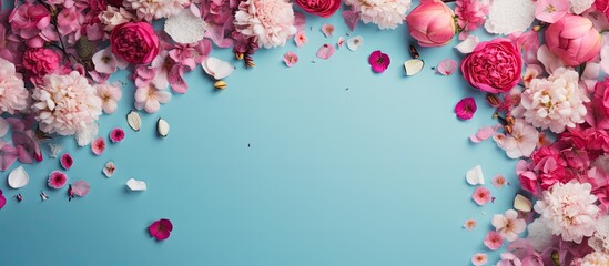 Poster - Copy space image of a top down view showing a circle of empty space surrounded by vibrant pink and white peonies and confetti hearts set against a soft light blue background