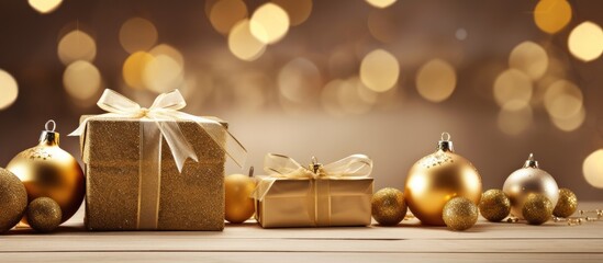 Poster - Copy space image of golden Christmas decorations including presents in boxes arranged on a wooden background The festive theme is highlighted by golden baubles complemented by the warm tones of brown