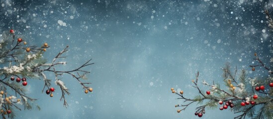Fototapete - Get ready for Christmas with this pre made greeting card featuring a beautiful blue background that leaves space for heartfelt words The card showcases Christmas tree branches cones and berries to ca