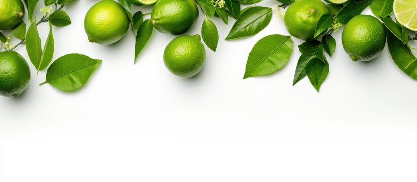 A close up top view image of fresh green limes and leaves isolated on a white background It captures the concept of organic food with copy space available