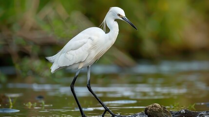 Wall Mural - White Egret Wading in Shallow Water