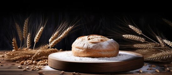 Poster - High quality photo of a round whole bread placed on a wooden cutting board with flour sprinkled on it along with spikelets of cereals on a dark table. Creative banner. Copyspace image