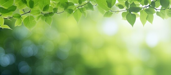 Poster - A vibrant bokeh filled green foliage creates a refreshing summer background with a border of green leaves offering a visually appealing copy space image