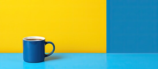 Sticker - A nameless coffee or cafe can be creatively showcased on a yellow paper coffee mug set against a vibrant blue background with ample copy space for text and design