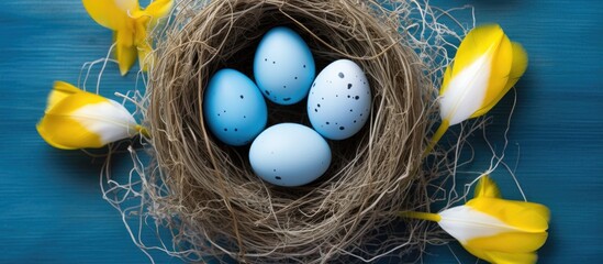 Aufkleber - Top view of a nest with blue and white eggs surrounded by yellow tulips creating a beautiful Easter background There is ample copy space in the image