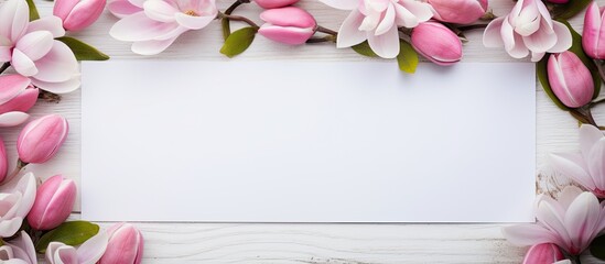 Poster - A top down view of a white greeting card with pink magnolia flowers placed on a white wooden table This mock up image can be used as a background for various occasions such as weddings or Women s Day