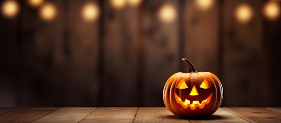Poster - Halloween themed pumpkin toy decoration on a wooden table Perfect for holiday party decor with a spooky ambiance and trick or treating activities The room is bathed in moonlight Copy space image