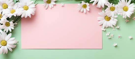 Sticker - A stylish mock up with a top view of a greeting or invitation card surrounded by daisy flowers and a green reed plant on a pink pastel background Ample copy space is available