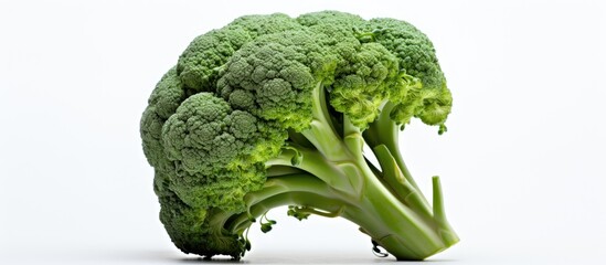 Aufkleber - A close up copy space image focuses on a single ripe and juicy organic broccoli head The green curd of the broccoli stands out against a white background representing the healthy diet concept of clea