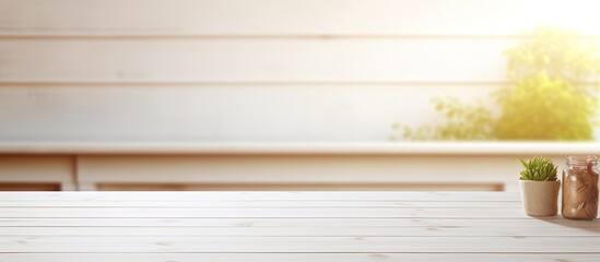 Poster - A white wooden table sits empty against a blurred interior background providing a clean and versatile copy space image with a white color tone
