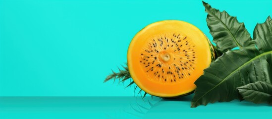 Poster - Copy space image of a raw vegan food concept with a pop art design featuring sweet melon over tropical green palm leaves on a vibrant turquoise background