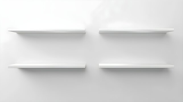 Four empty white floating shelves above each other on white wall. Place for your products 