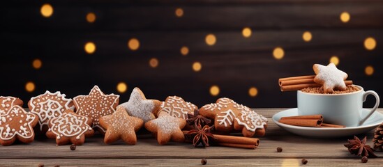 Poster - A festive plate of delicious gingerbread cookies set on a rustic wooden table is captured in a copy space image accompanied by a heartfelt Merry Christmas and Happy New Year card