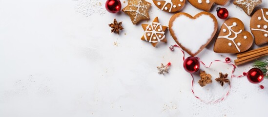 Aufkleber - Closeup of delicious heart shaped gingerbread cookies and Christmas decorations beautifully arranged on a white marble table with plenty of space available for text in the image. Creative banner