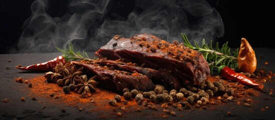 Poster - A savory blend of seasoned jerky and succulent pork complemented by aromatic spices showcased on a bright backdrop ideal for copy space image
