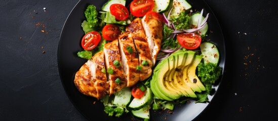 Poster - Top view of a healthy Keto diet meal consisting of a grilled chicken fillet and a fresh vegetable salad beautifully presented with a copy space for creative purposes