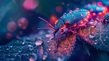Neon-Lit Insects, Delicate Details and Vibrant Colors on Tropical Leaf