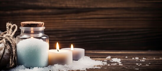 Poster - A serene and enchanting image with sea salt candles and a rustic wooden backdrop perfect for advertising or design projects Ideal copy space image