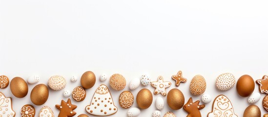 Sticker - The image showcases gingerbread cookies shaped like eggs and an Easter bunny on a white background It is a festive holiday background with a top view providing ample space for text The decorations re