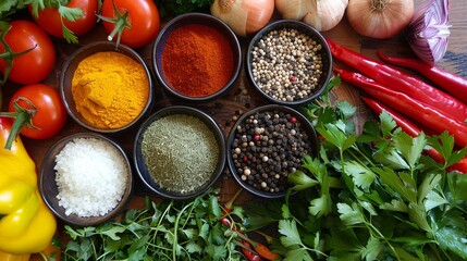 A close-up image of fresh vegetables and spices laid out on a wooden table in a kitchen. Generative AI