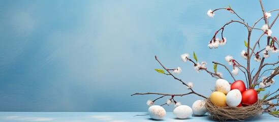 Poster - An Easter themed scene featuring a blue background adorned with willow branches colorful eggs and a blank card for your own personal message. Creative banner. Copyspace image