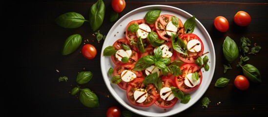 Poster - A top view flat lay showcasing a Caprese salad made with ripe tomatoes fragrant garden basil and creamy mozzarella cheese Ample copy space is available for additional elements