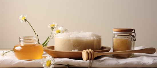 Aufkleber - The image shows a homemade body scrub made with natural ingredients like oatmeal sea salt olive oil honey and milk It also features a white towel and captures the concept of beauty skincare organic p