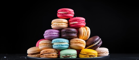 Aufkleber - Colorful macarons or macaroons stacked on a black background creating a fresh and vibrant image of cafe desserts with a pastel color palette and copy space