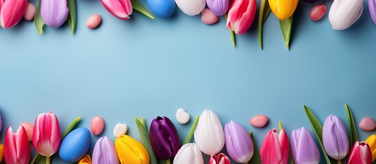 Aufkleber - A flat lay banner featuring a vibrant Easter composition composed of tulip petals feathers and egg shells with plenty of copy space for captions or text