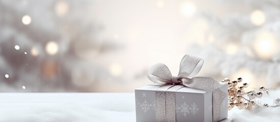 Aufkleber - Close up of a beautifully wrapped present on a white table accompanied by white and silver Christmas decorations The winter composition features a blank label card offering ample copy space for a moc
