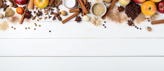 Aufkleber - A fall themed baking sale with a copy space image of seasonal ingredients spices apples and supplies arranged on a white wooden table top view