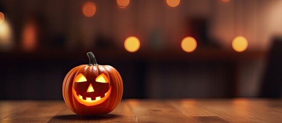 Poster - Halloween themed pumpkin toy decoration on a wooden table Perfect for holiday party decor with a spooky ambiance and trick or treating activities The room is bathed in moonlight Copy space image